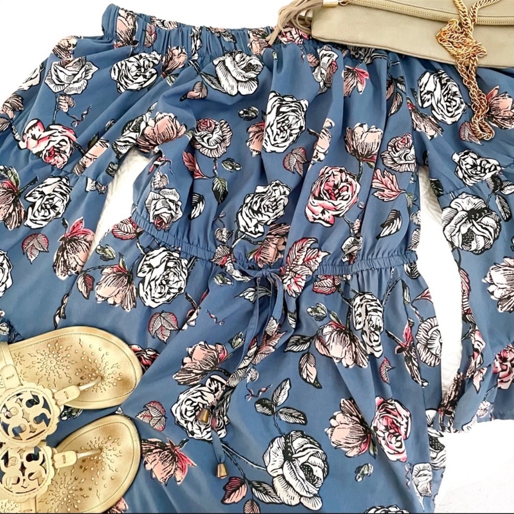 Hint of Blush Off Shoulder Blue Floral Dress